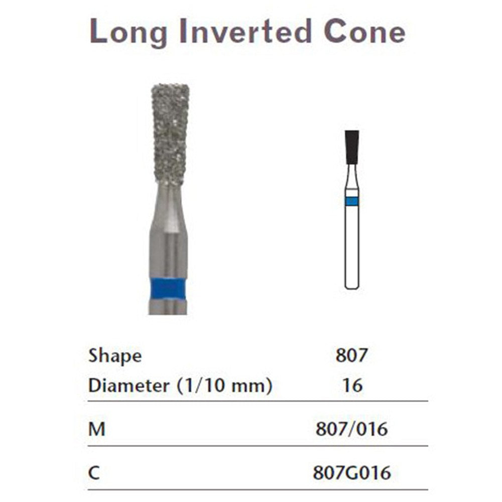 MILTEX Diamond Bur, Long Inverted Cone (807), Diameter= 16, Coarse Grit, Green Band. MPN: 807G016