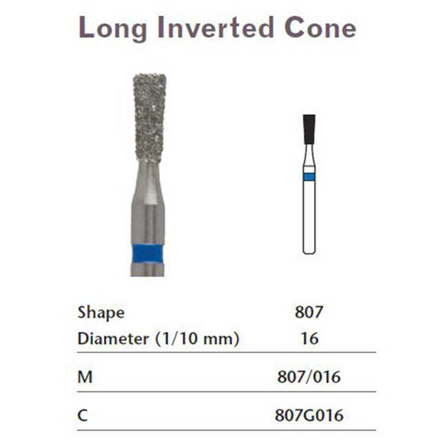 MILTEX Diamond Bur, Long Inverted Cone (807), Diameter= 16, Coarse Grit, Green Band. MPN: 807G016