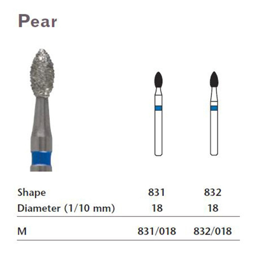 MILTEX Diamond Bur, Pear (831), Diameter= 18, Medium Grit, Blue Band. MPN: 831/018