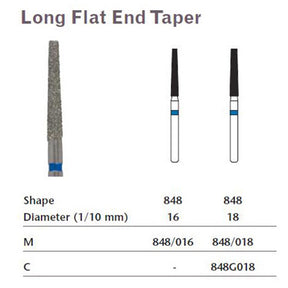 MILTEX Diamond Bur, Long Flat End Taper (848), Diameter= 18, Medium Grit, Blue Band. MPN: 848/018