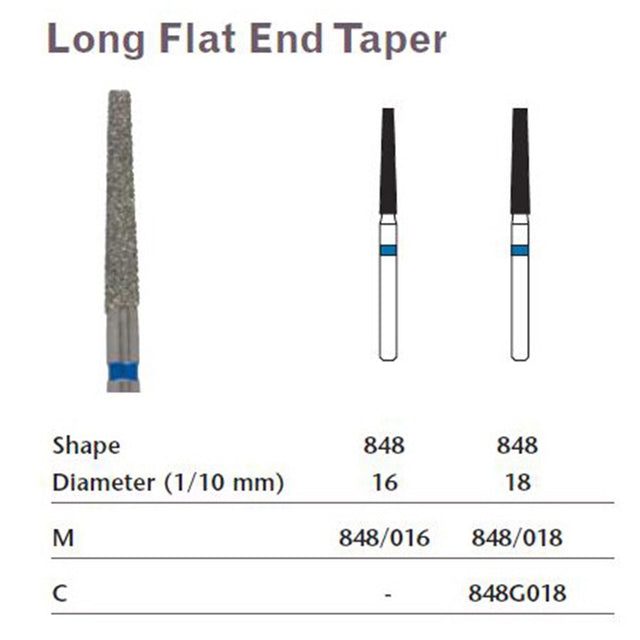 MILTEX Diamond Bur, Long Flat End Taper (848), Diameter= 18, Medium Grit, Blue Band. MPN: 848/018
