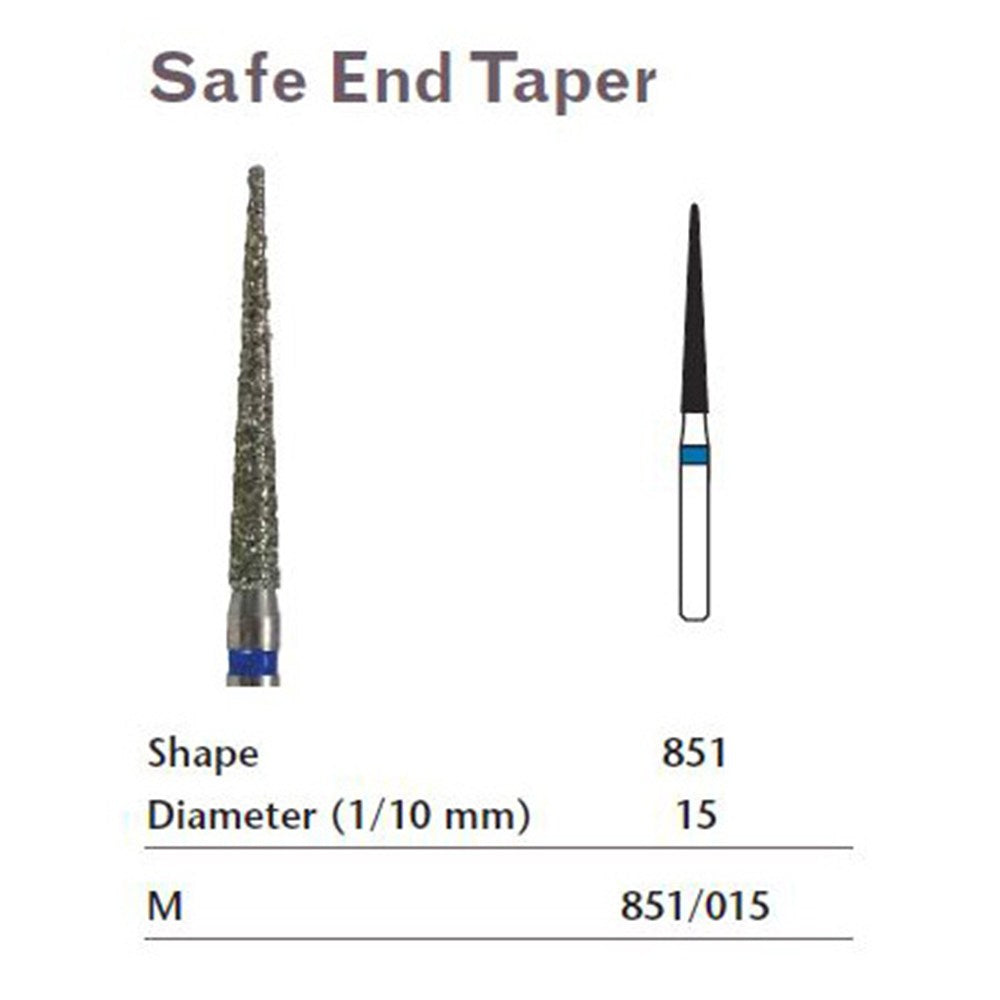 MILTEX Diamond Bur, Safe End Taper (851), Diameter= 15, Medium Grit, Blue Band. MPN: 851/015