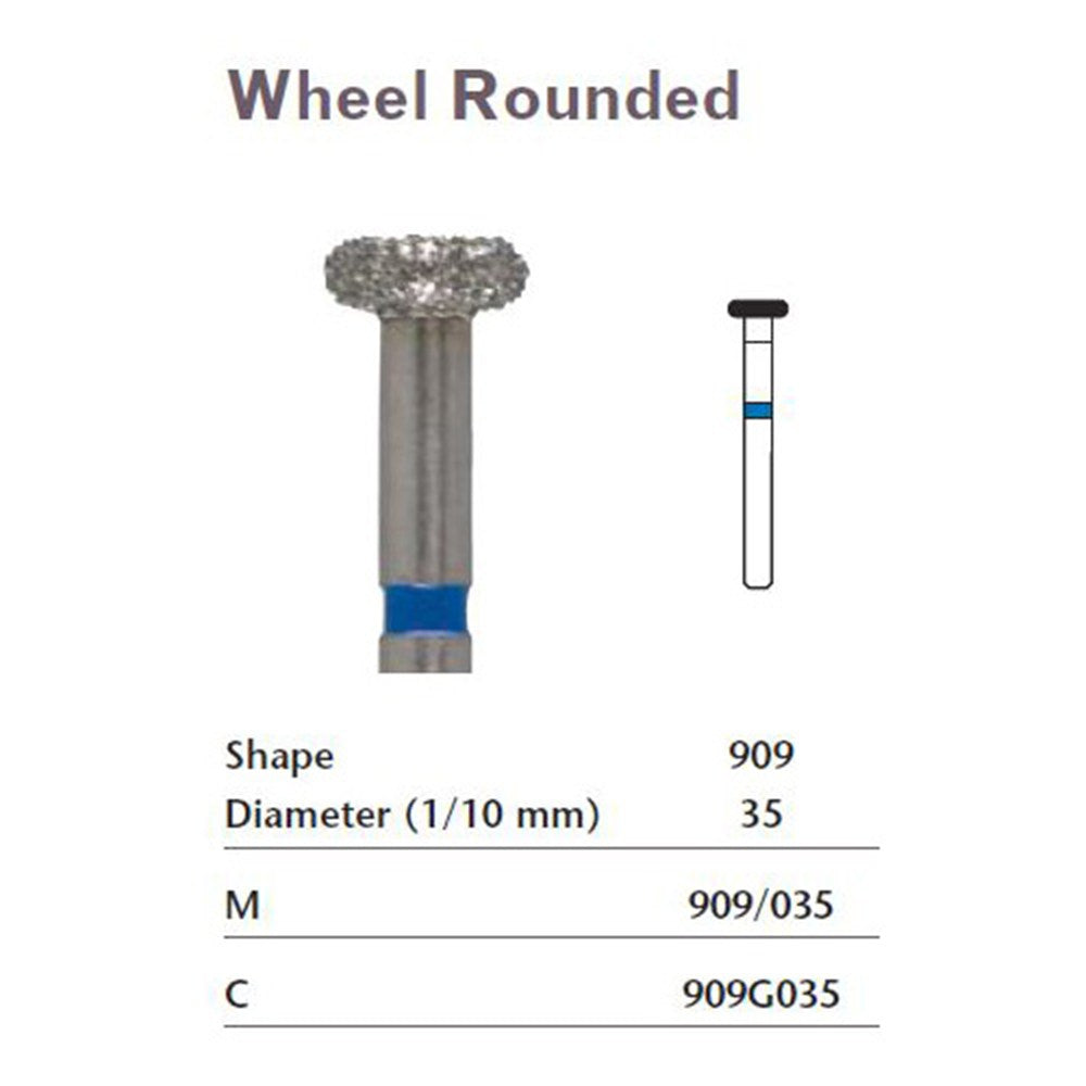 MILTEX Diamond Bur, Friction Grip, Wheel, 3.50mm (035), Medium Grit, Blue Band. MPN: 909/035