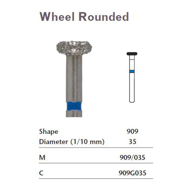 MILTEX Diamond Bur, Friction Grip, Wheel, 3.50mm (035), Medium Grit, Blue Band. MPN: 909/035
