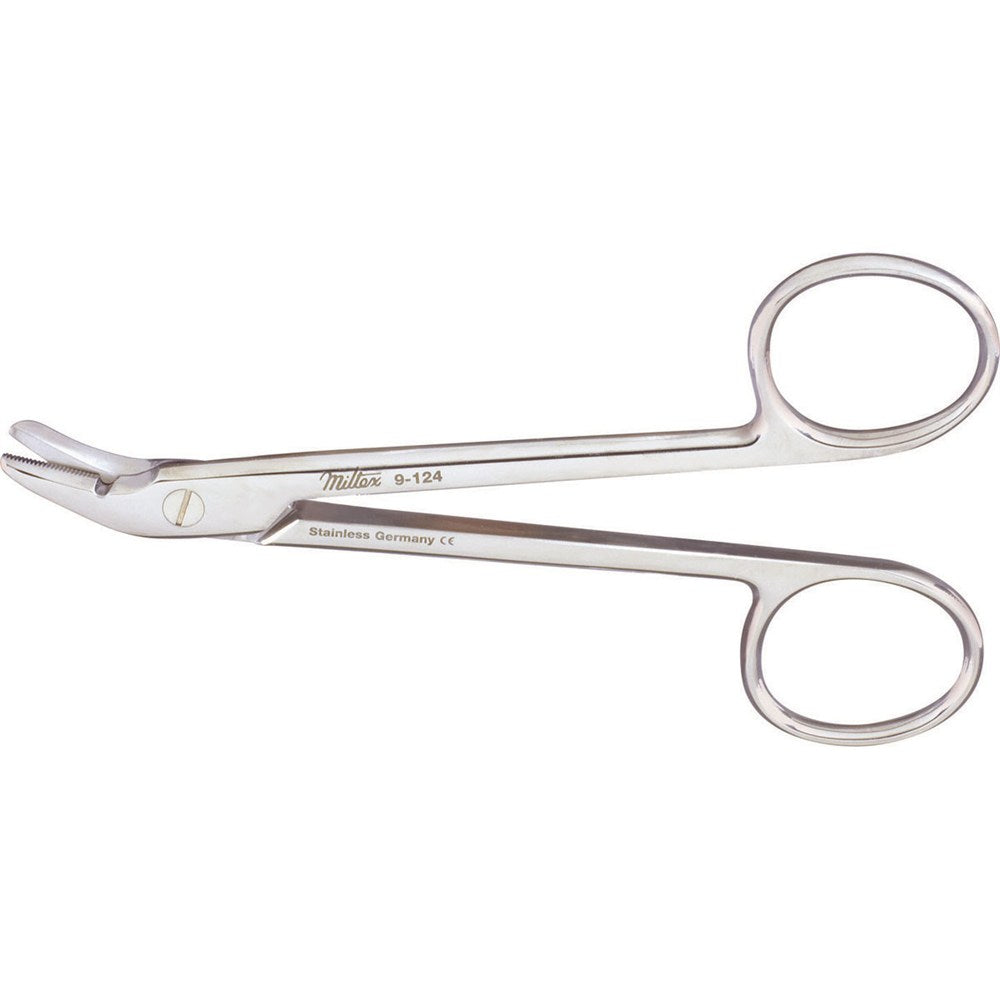MILTEX Wire Cutting Scissors, 4-3/4" (122mm), angled to side, one serrated blade. MPN: 9-124