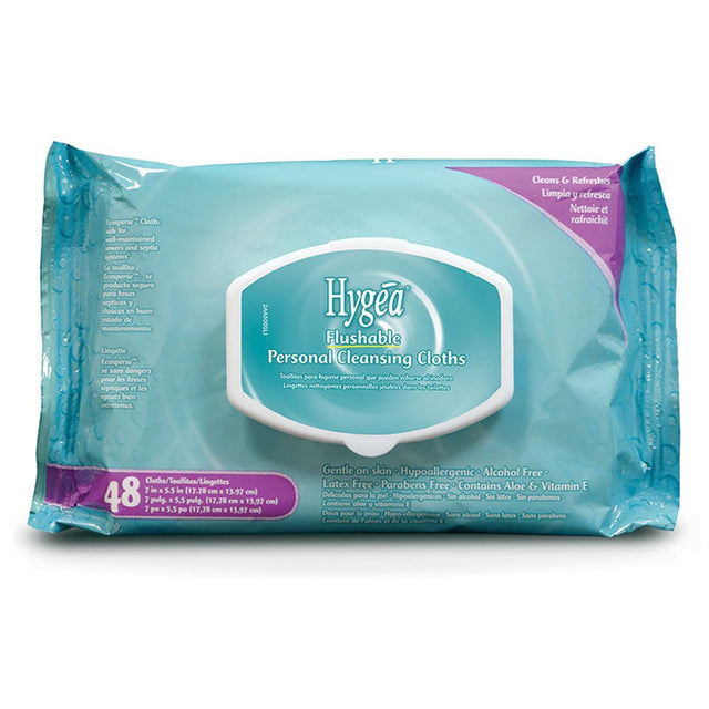 PDI HYGEA Flushable Personal Cleansing Cloths, 5.3" x 6.8", 48/pk, 12 pk/cs. MPN: A500F48