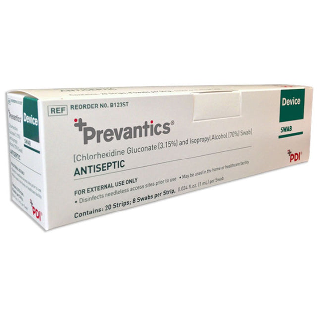 PDI PREVANTICS Device Swab Strips (8 Swabs Per Strip), Skin Antiseptic, 3.125" x 1.125, 160 Strips/bx, 10 bx/cs. MPN: B123ST