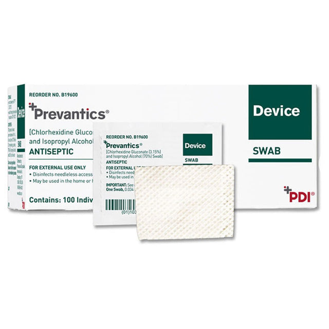 PDI PREVANTICS Device Swabs, Skin Antiseptic, 3.125" x 1.125", 100 Swabs/bx, 10 bx/cs. MPN: B19600