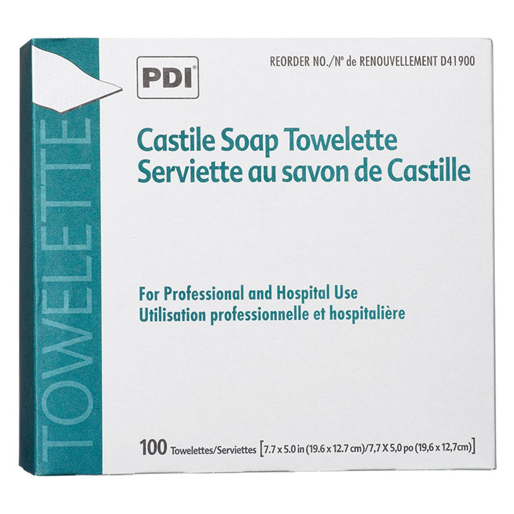 PDI CASTILE Soap Towelette, 2% Coconut Oil, 1/pk, 100 pk/bx, 10 bx/cs. MPN: D41900