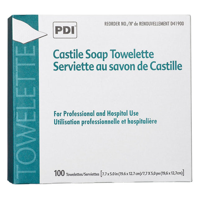 PDI CASTILE Soap Towelette, 2% Coconut Oil, 1/pk, 100 pk/bx, 10 bx/cs. MPN: D41900