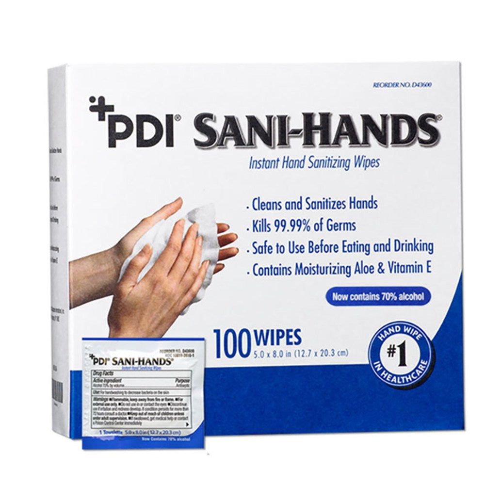 PDI SANI-HANDS Instant Hand Sanitizing Wipes, 5" x 8", 100/bx, 10 bx/cs. MPN: D43600