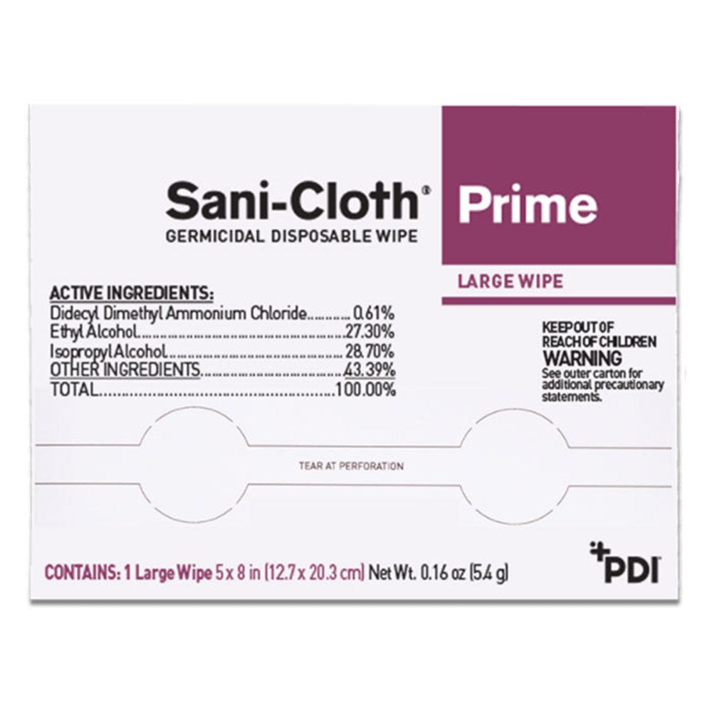 PDI SANI-CLOTH Prime Germicidal Disposable Wipes, Large, 5" x 8", 50/pk, 10 pk/cs. MPN: H06182