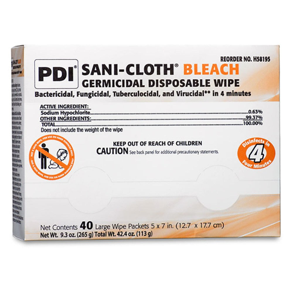 PDI SANI-CLOTH Bleach Germicidal Disposable Wipes, Large, 5" x 7", 40/pk, 10 pk/cs. MPN: H58195