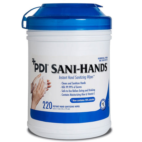 PDI SANI-HANDS Instant Hand Sanitizing Wipes, Large, 6" x 7-1/2", 220/can, 6 can/cs. MPN: P15984