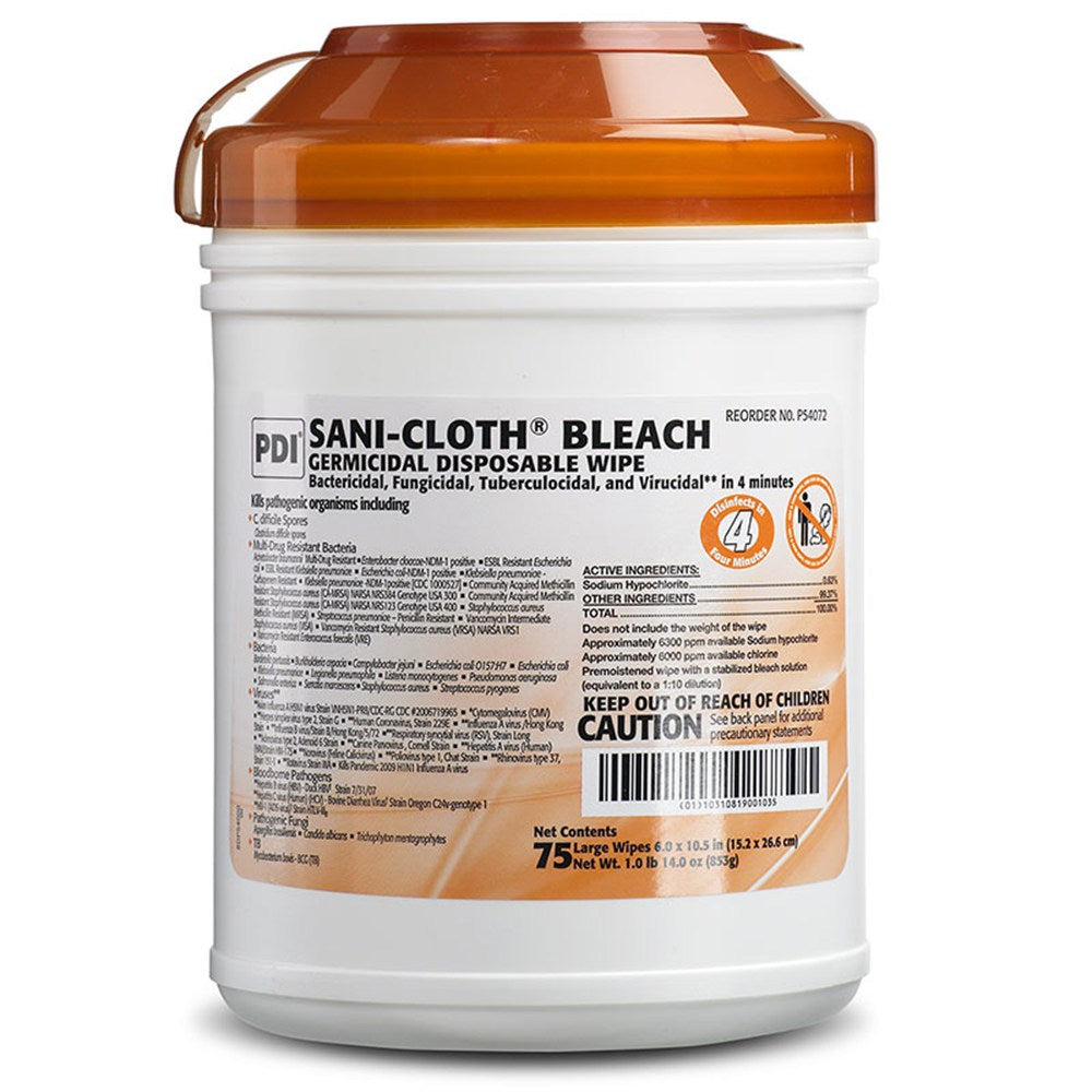 PDI SANI-CLOTH Bleach Germicidal Disposable Wipes, Large, 6" x 10-1/2", 75 wipes/canister, 12 can/cs. MPN: P54072