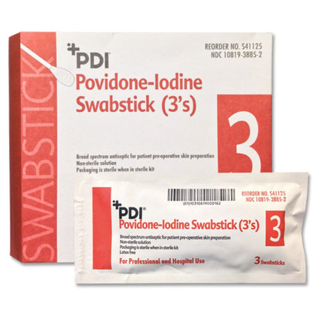 PDI PVP Iodine Prep Swabstick 3s, 3/pk, 2.75" x 5.75", 25 pk/bx, 10 bx/cs. MPN: S41125