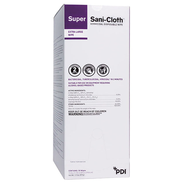 PDI SUPER SANI-CLOTH Germicidal Disposable Wipes, X-Large, Individual Packets, 11-1/2" x 11-3/4", 50/bx, 3 bx/cs. MPN: U87295