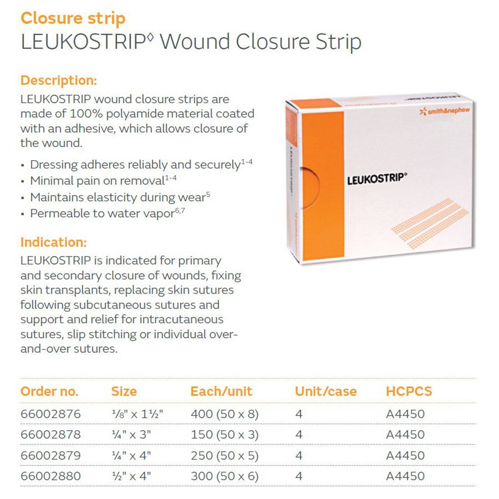 SMITH & NEPHEW LEUKOSTRIP Wound Closure Strip, 38 x 4mm, 1/8" x 1-1/2", 50/bx, 4 bx/cs. MPN: 66002876 - Image 2