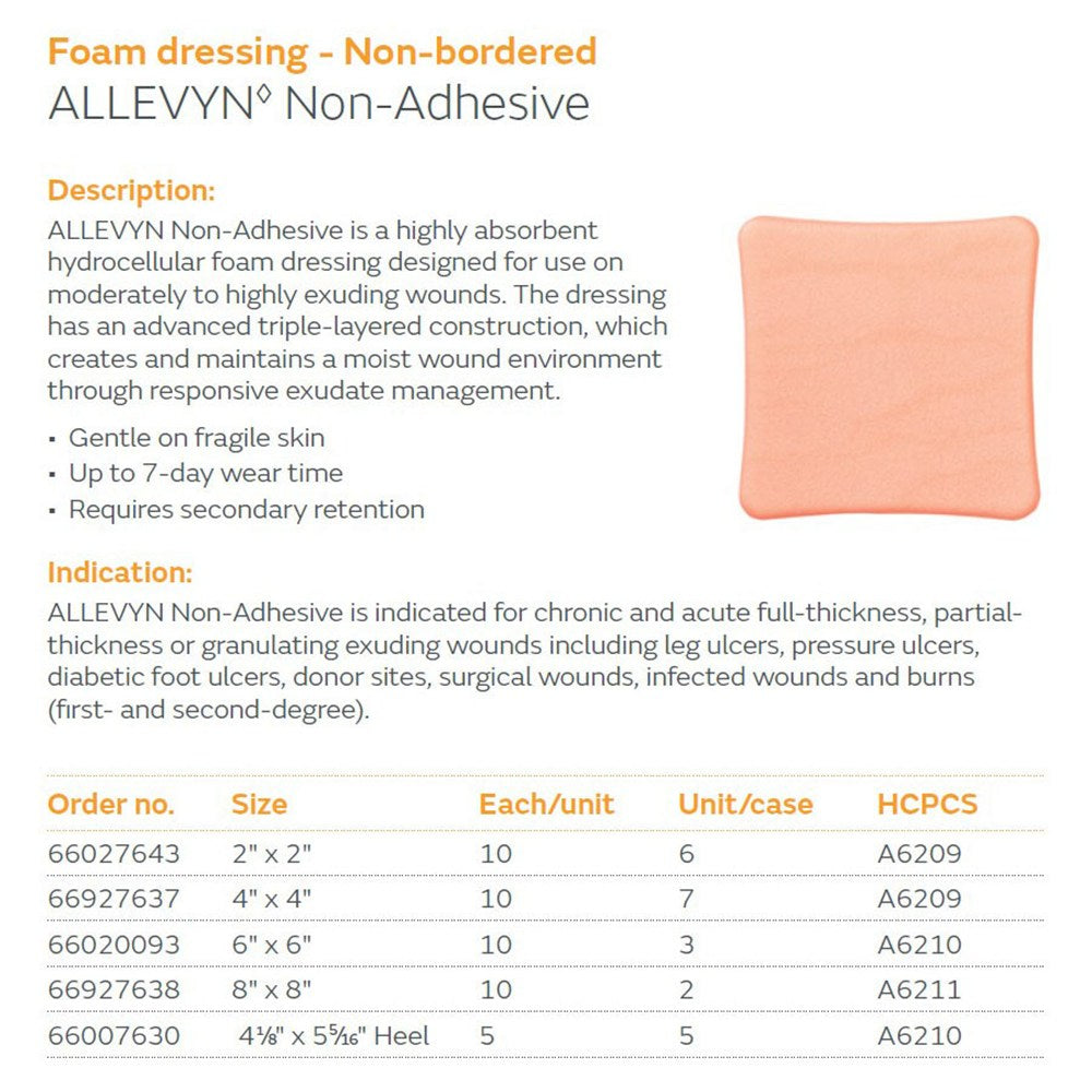 SMITH & NEPHEW ALLEVYN Foam Dressing, Non-bordered, Non-Adhesive, Heal, 5/pkg, 5 pkg/cs. MPN: 66007630 - Image 2