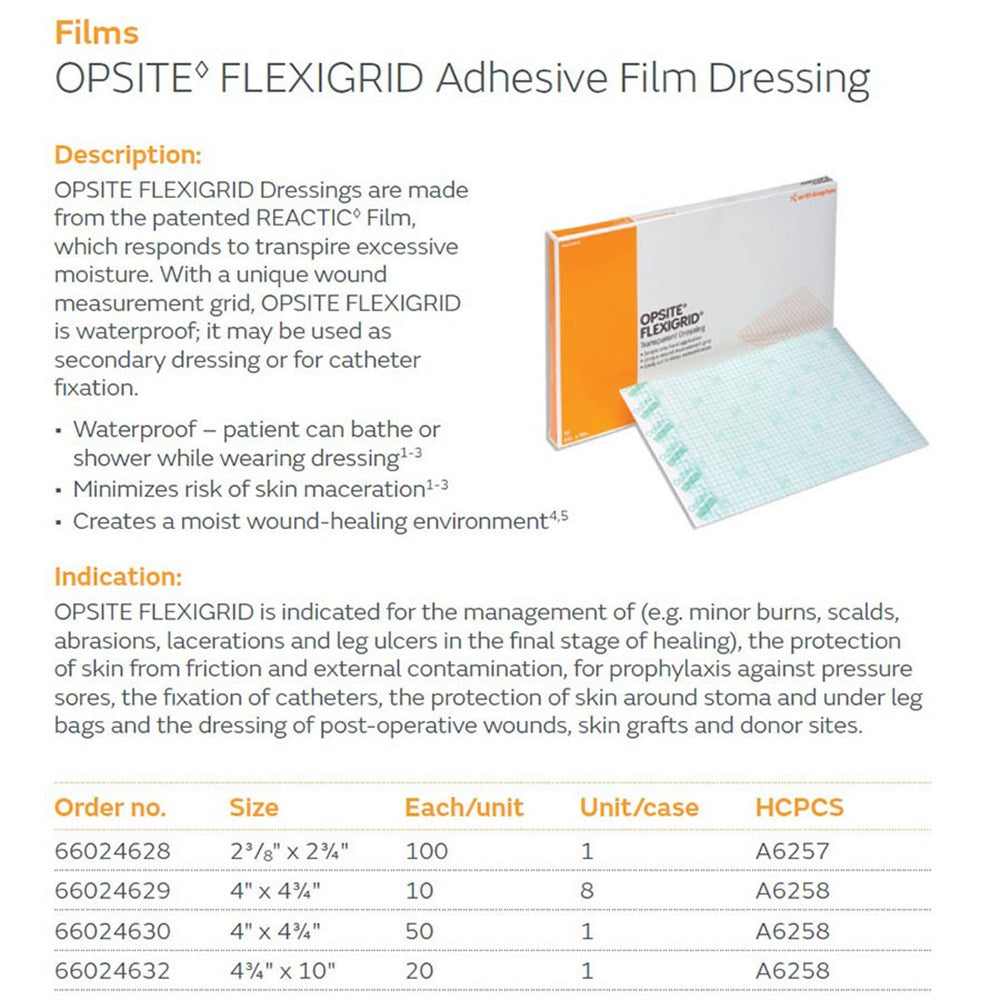 SMITH & NEPHEW OPSITE FLEXIGRID Adhesive Film Dressing, 6" x 8", 10/pk, 10 pk/cs. MPN: 66020031 - Image 2