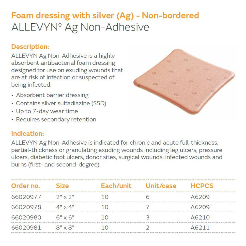 SMITH & NEPHEW ALLEVYN AG Non-Adhesive Foam Dressing, Non-Bordered 6" x 6", 10/bx, 3 bx/cs. MPN: 66020980 - Image 2