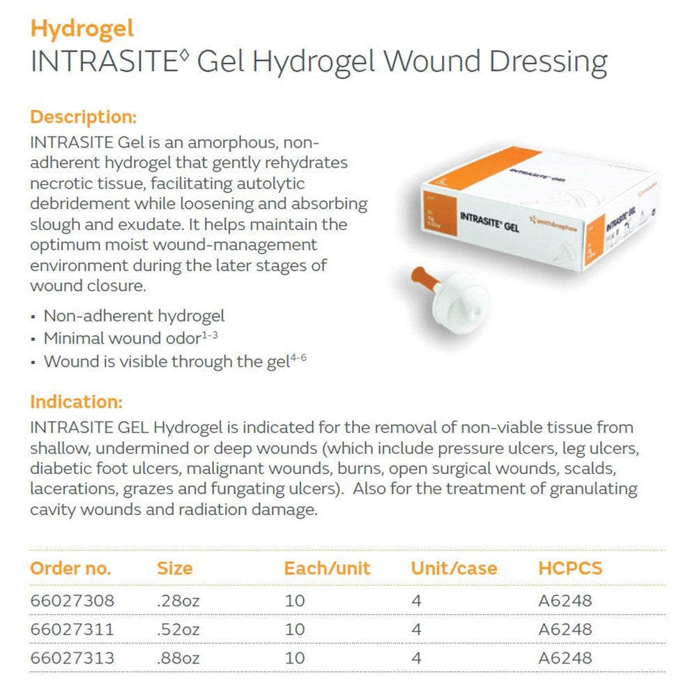 SMITH & NEPHEW INTRASITE GEL HYDROGEL Wound Dressing, .28 oz, 10/pkg, 4 pkg/cs. MPN: 66027308 - Image 2