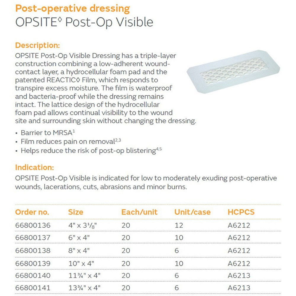 SMITH & NEPHEW OPSITE Post-Op Visible Dressing, 8" x 4", 20/bx, 6 bx/cs. MPN: 66800138 - Image 2