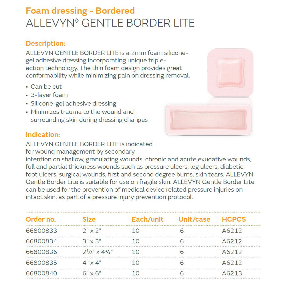 SMITH & NEPHEW ALLEVYN Gentle Border LITE Foam Dressing, 2" x 2", 10/bx, 6 bx/cs. MPN: 66800833 - Image 2