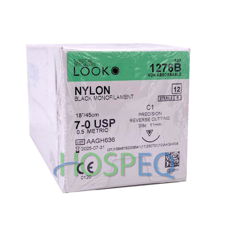 LOOK 7-0 Nylon Plastic Surgery Suture, Black Mono, 18"/45cm, C1, 11mm 3/8 Circle. MPN: 1276B