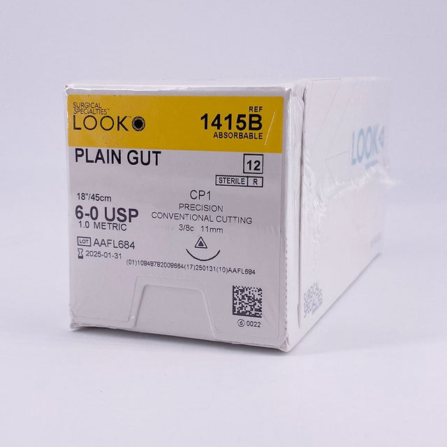 LOOK 6-0 Plain Gut Plastic Surgery Suture, 18"/45cm, CP1, 11mm 3/8 Circle. MPN: 1415B