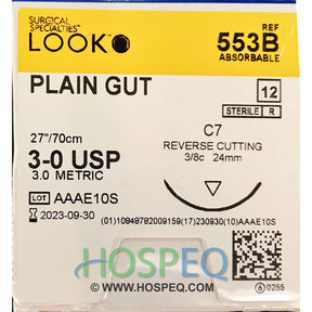 LOOK 3-0 Plain Gut Dental Suture, 27"/70cm, C7, 18mm 3/8 Circle. MPN: 553B