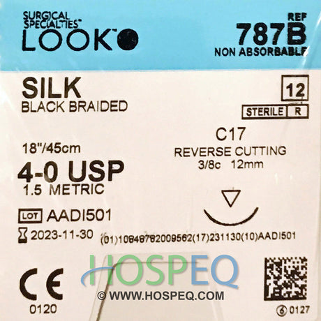 LOOK 4-0 Silk Dental Suture, Black Braided, 18"/45cm, C17, 12mm 3/8 Circle. MPN: 787B