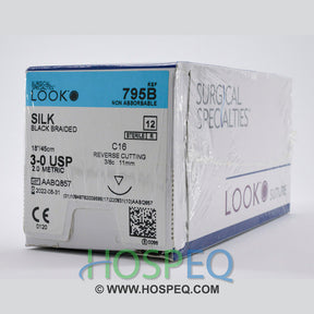 LOOK 3-0 Silk Dental Suture, Black Braided, 18"/45cm, C16, 1mm 3/8 Circle. MPN: 795B