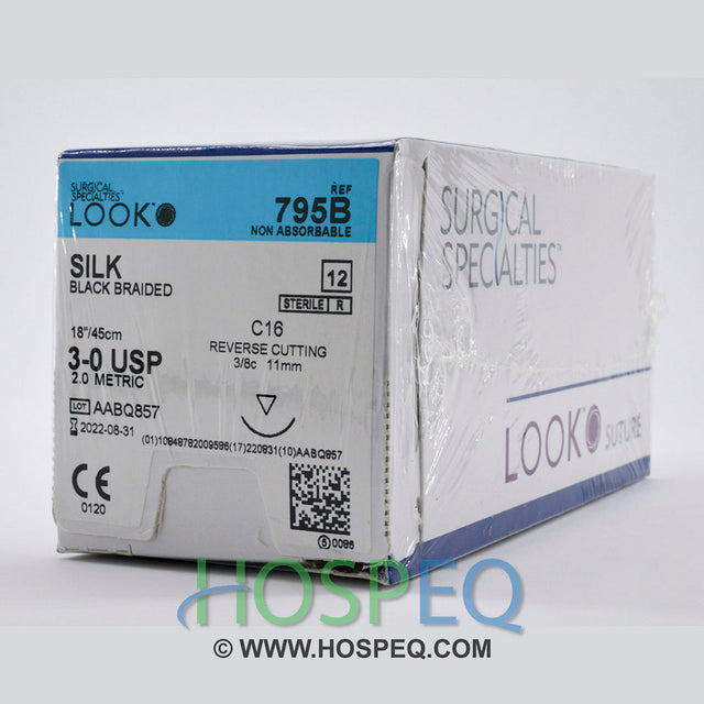 LOOK 3-0 Silk Dental Suture, Black Braided, 18"/45cm, C16, 1mm 3/8 Circle. MPN: 795B