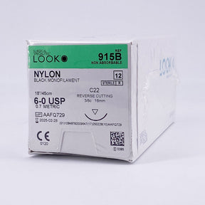 LOOK 6-0 Nylon Plastic Surgery Suture, Black Mono, 18"/45cm, C22, 16mm 3/8 Circle. MPN: 915B