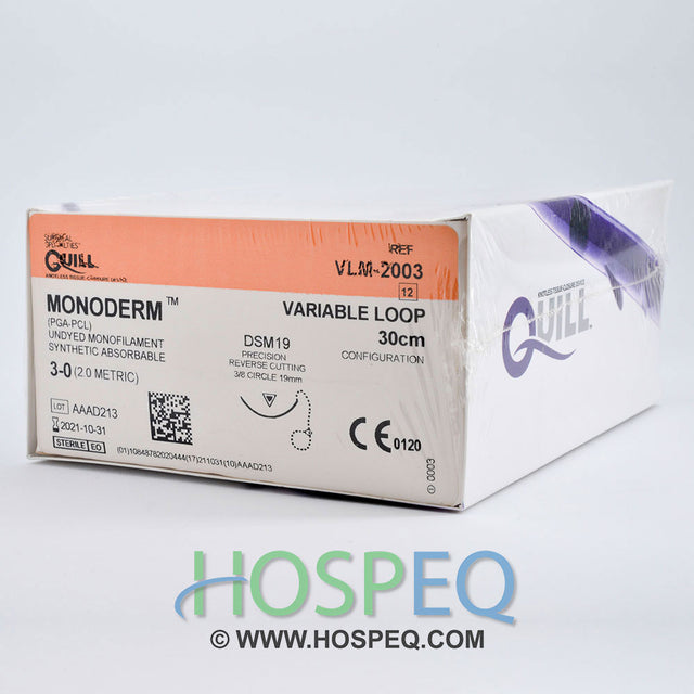 QUILL Monoderm Suture, Reverse Cutting, Unidirectional, 3-0, 30cm, 19mm, 3/8 Circle. MPN: VLM-2003