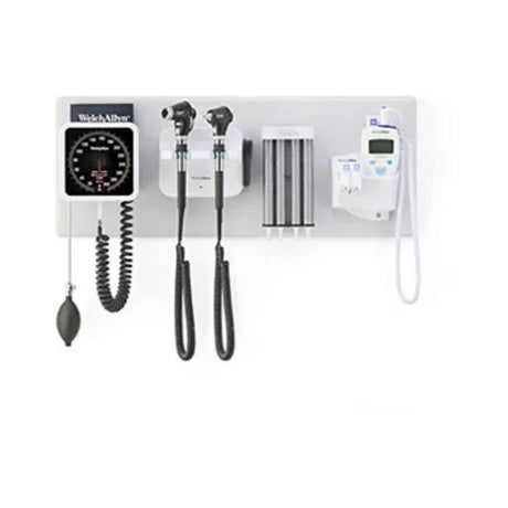 Welch Allyn 777 Integrated Wall System: PanOptic Plus LED Ophthalmoscope, MacroView Plus LED Otoscope for iExaminer, Sphyg, Specula Dispenser, SureTemp Plus Thermometer. MPN: 777-PM3WAS-US