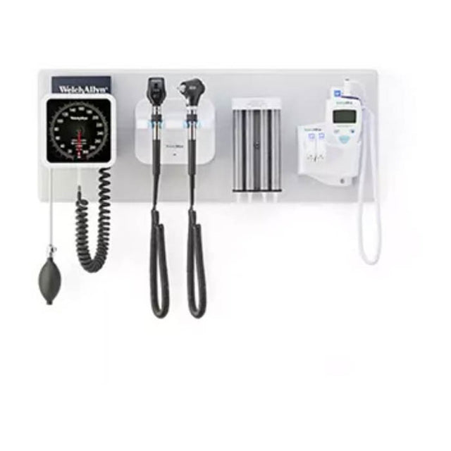 Welch Allyn 777 Integrated Wall System: Coaxial LED Ophthalmoscope, MacroView Basic LED Otoscope, Sphyg, Specula Dispenser, SureTemp Plus Thermometer. MPN: 777-SM2WAS