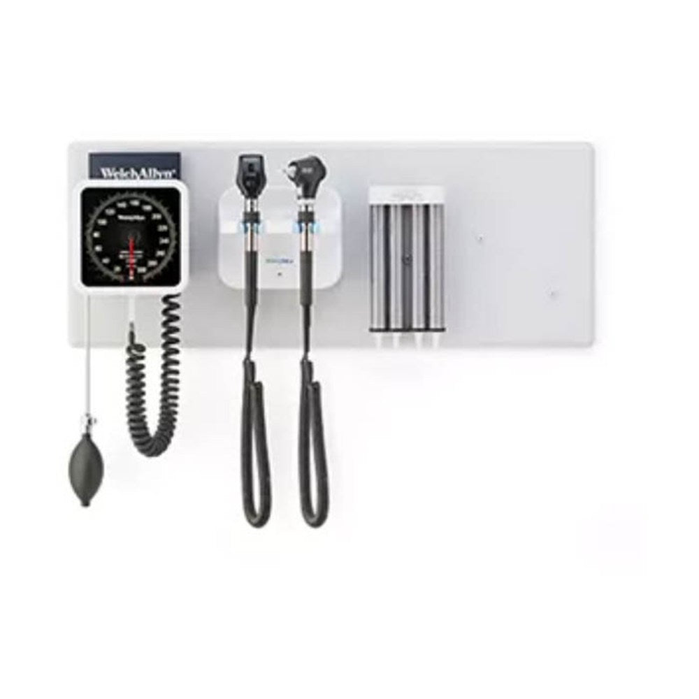 Welch Allyn 777 Integrated Wall System: Coaxial LED Ophthalmoscope, MacroView Basic LED Otoscope, Sphyg, Specula Dispenser. MPN: 777-SM2WAX