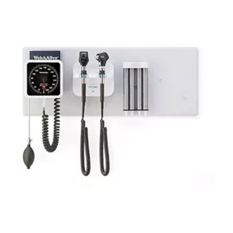 Welch Allyn 777 Integrated Wall System: Coaxial LED Ophthalmoscope, MacroView Basic LED Otoscope, Sphyg, Specula Dispenser. MPN: 777-SM2WAX