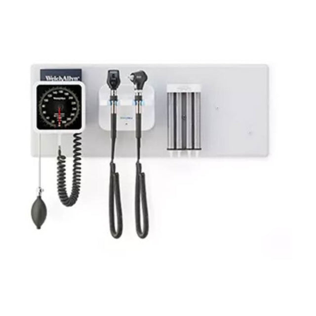 Welch Allyn 777 Integrated Wall System: Coaxial LED Ophthalmoscope, MacroView Basic LED Otoscope, Sphyg, Specula Dispenser. MPN: 777-SM2WAX