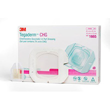 3M Tegaderm CHG Chlorhexidine Gluconate IV Port Dressing, 12 cm x 12 cm, Latex-Free, 25 bg/bx, 4 bx/cs. MFID: 1665