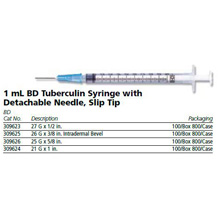 BD Tuberculin Syringe, 1mL, Detach Needle, Slip Tip, 27 G x ½", 100/box, 8 box/case. MFID: 309623