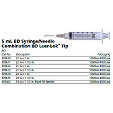 BD Syringe/Needle Combination, 5mL w/ luer-Lok tip, 21 G x 1½", 100/box, 4 box/case. MFID: 309633