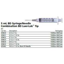 BD Syringe/Needle Combination, 5mL w/ luer-Lok tip, 21 G x 1½", 100/box, 4 box/case. MFID: 309633
