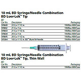BD Syringe/Needle Combination, 10mL w/ luer-Lok tip, 21 G x 1½", 100/box, 4 box/case. MFID: 309643