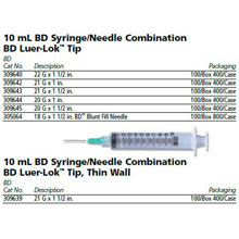 BD Syringe/Needle Combination, 10mL w/ luer-Lok tip, 21 G x 1½", 100/box, 4 box/case. MFID: 309643