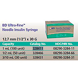 BD Syringe, 1cc, w/ ultra-Fine 30 G x ½" Needle, 100/box, 5 box/case. MFID: 328411