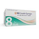 BD Insulin Syringe, 1mL, Permanent Needle, 31G x 5/16", U-100 Ultra-Fine Short, 100/box, 5 box/case. MFID: 328418 (USA ONLY)