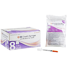BD Insulin Syringe, 3/10mL, Lo-Dose, Permanent Needle, 31Gx5/16", U-100 Ultra-Fine Short, 100/box, 5 box/case. MFID: 328440